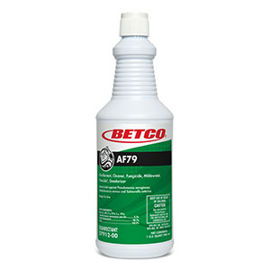 A white plastic bottle labeled "BETCO AF79 ACID FREE BATHROOM CLEANER RTU" with green and red labeling, containing disinfectant, cleaner, fungicide, mildewstat, and virucide.