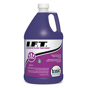 A 1-gallon bottle of Intensive Floor Treatment, Mild Scent (packaged four to a carton), containing purple liquid and labeled with usage instructions and safety precautions.