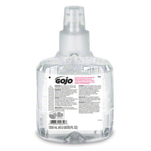 A 1200 mL refill of GOJO Clear & Mild fragrance-free foam handwash with a white label and pump dispenser.