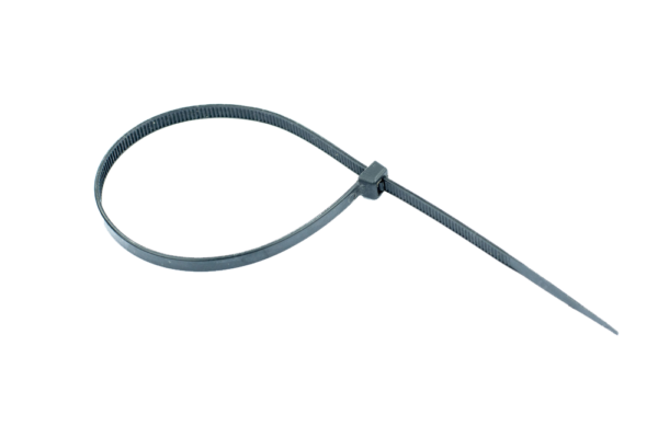 A 12" ZIP TIE from a pack of 100, made of black plastic, featuring a ridged strip and locking mechanism in a completed loop configuration.