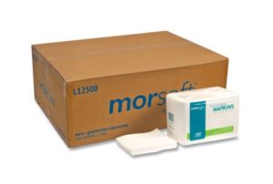 A large brown cardboard box labeled "Morsoft" sits beside a smaller package of white napkins branded with "NAPKIN LUNCH 1/4 FOLD 11.25"x13.25" 12/500CT 4385." One napkin is partially pulled out and unfolded.