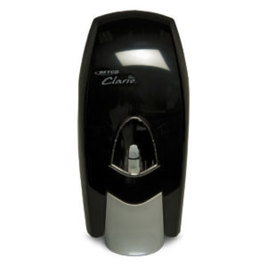 The BETCO Clario Black Manual Soap Dispenser features a small transparent window and a silver base.