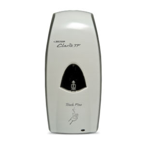 A wall-mounted, touch-free BETCO-91866 Clario dispenser for foam soap, featuring a sleek white design with a 1-liter capacity, adorned with a small droplet icon and the words "Touch Free" on the front.