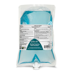 A clear, refillable plastic bag filled with blue liquid labeled "BETCO CLARIO Foaming Alcohol Instant Hand Sanitizer," featuring a spout at the bottom for dispensing.