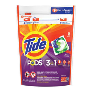 A package of PODS Laundry Detergent, Spring Meadow scent, containing 35 capsules with a Child-Guard zipper.