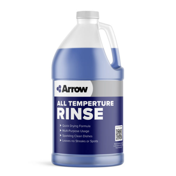 Five-gallon pail of Arrow Rinse All Temp Dishmachine Rinse with a blue liquid, promising quick drying, multi-purpose use, and no streaks.