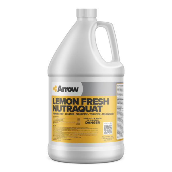 A 5-gallon pail of Arrow Lemon Fresh Neutraquat Cleaner. The label includes product details and safety warnings.