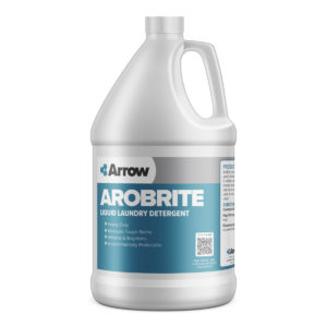 A five-gallon pail of Arobrite liquid laundry detergent by Arrow, featuring labels that indicate it removes tough stains, whitens, brightens, and is environmentally preferable.