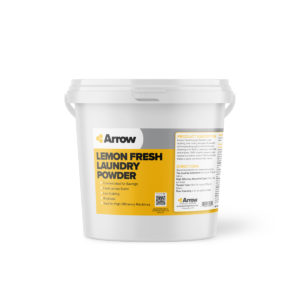 The LEMON FRESH LAUNDRY POWDER50 POUND CONTAINER comes in a white plastic tub with a yellow and gray design. It features product details such as a concentrated formula, lemon scent, and detailed directions for use.