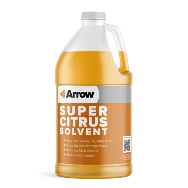 A gallon jug of SUPER CITRUS SOLVENT HEAVY DUTY DEGREASER with product details on the label. The label states it cuts through grease, ink, adhesives, removes tar and asphalt, and is 100% biodegradable.