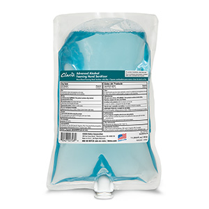 A clear plastic pouch filled with blue BETCO CLARIO Alcohol Free Foaming Hand Sanitizer, labeled with product information, ingredients, and instructions on the front. The bottom has a nozzle for dispensing.