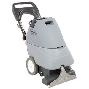 The ADVANCE ES300XP SELF CONTAINED CARPET EXTRACTOR, featuring a gray exterior, handle, wheels, and a wide cleaning head, is pictured.