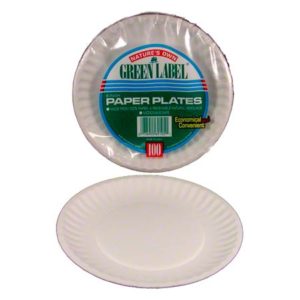 The image shows a package of 9" Bulk White Plates with one plate displayed outside the package. The label indicates they are 9-inch plates, come in a count of 1000 per case (ALT #PP9GREWH), and are microwave safe.