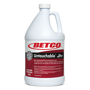 A gallon container of BETCO UNTOUCHABLE FLOOR FINISH LOW MAINTENANCE with a red label, black text, and a white cap, designed to resist black marks on floors.