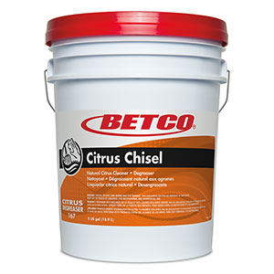 Five-gallon pail of Betco Citrus Chisel Non-Butyl Cleaner and Degreaser with a red lid and white body.