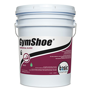 A 5-gallon bucket labeled "Finish, GymShoe Gloss" with a maroon and white color scheme. The product is from Basic Coatings and features icons indicating various product details.