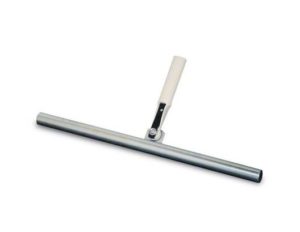 Let me introduce you to the BETCO 24" T-BAR W/HANDLE, a metal floor squeegee equipped with a white plastic handle, specifically designed for efficiently pushing liquids off surfaces.