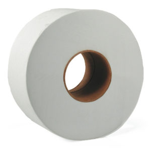 A large roll of TOILET TISSUE JRT 12" 2PLY6/CASE1380' per roll, featuring a cardboard core in the center, is standing upright.