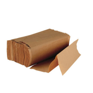 A stack of MULTI FOLD TOWELS BROWN, partially wrapped in a brown paper band, with one towel partially pulled out.