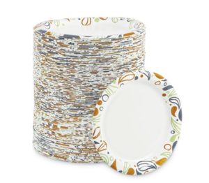 A stack of ultra-strong, 6-inch paper poly-coated plates in white with a colorful rim featuring various shapes and patterns, plus one plate placed in front of the stack.