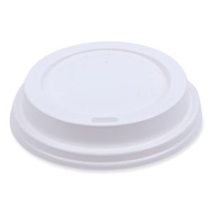 A Deerfield Hot Cup Lid, designed for 10oz - 16oz cups, white and made of plastic, featuring a small drinking slot on one side. Each pack contains 50 lids and there are 20 packs per carton.