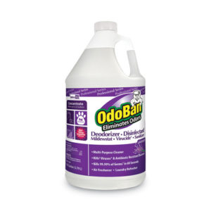 A gallon bottle of ODO-BAN Concentrated Odor Eliminator/Disinfectant, available in cases of four. The label is purple, emphasizing its multi-purpose cleaning abilities and effectiveness against viruses and bacteria.