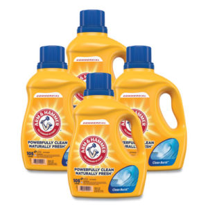 Four bottles of ARM & HAMMER Liquid Laundry Detergent, Clean Burst, 105 oz each, with yellow containers and blue caps, featuring labels that read "Powerfully Clean, Naturally Fresh" and "Clean Burst.