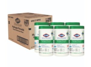 CLOROX PEROXIDE DISINFECTANT WIPES, Unscented, 95 wipes per canister, packaged in individual plastic containers and supplied in a larger cardboard box for bulk storage (6 canisters per case).