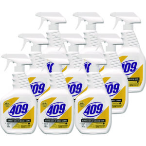 An image of nine spray bottles of 409 Multi-Surface Cleaner, Lemon, each featuring a white bottle and trigger with a yellow and blue label.