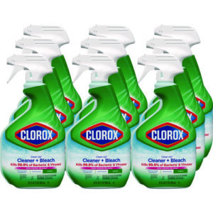 A group of eight CLEAN-UP CLEANER + BLEACH, 32 OZ BOTTLES with green labels and white nozzles are arranged together. The label indicates that it kills 99.9% of bacteria and viruses.