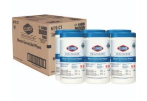 A cardboard box and six containers of Clorox Germicidal Bleach Wipes, unscented, 150 wipes per container, are displayed.