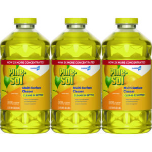 Three bottles of Pine-Sol Multi-Purpose Cleaner - Lemon, each featuring “NOW 2X MORE CONCENTRATED” and “CLEANS 5X BETTER," with a capacity of 80 oz (2.37 liters) per bottle.