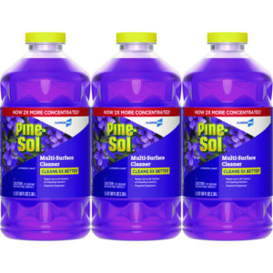 Three bottles of Pine-Sol All Purpose Cleaner in Lavender scent are displayed. Each 80oz bottle is labeled with "Now 2X More Concentrated" and "Cleans 5X Better.