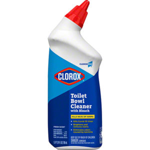 A bottle of CLOROX toilet bowl cleaner with bleach and a fresh scent, featuring a green and blue label and a red cap.