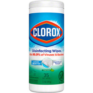 A cylindrical container of CLOROX DISINFECTING WIPES, FRESH, labeled to kill 99.9% of viruses and bacteria. Contains 35 wet wipes and is safe for use on finished wood, sealed granite, and stainless steel surfaces.