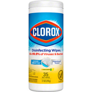 A container of Clorox Disinfecting Wipes in a fresh Citrus scent, claiming to kill 99.9% of viruses and bacteria. The container holds 35 wet wipes and is safe for use on finished wood, sealed granite, and stainless steel.