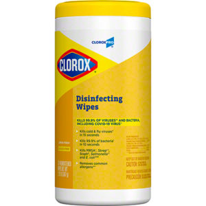 A canister of Clorox Disinfecting Wipes, Lemon scent, labeled to kill 99.9% of viruses and bacteria, including COVID-19. The packaging is yellow and white with blue and red Clorox branding.