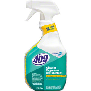 A bottle of FORMULA 409 CLEANER/DEGREASER DISINFECTANT, featuring a white spray nozzle and a blue and green label, in the 12/32oz spray bottle configuration.