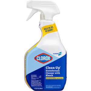 Spray bottle of CLOROX CLEAN UP WITH BLEACH9 in white and blue packaging with a label stating it kills 99.9% of germs.