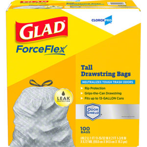 Box of LINER 24"x28" WHITE .90 MILGLAD DRAW STRING, featuring 100 bags per case, designed for 13-gallon cans with rip protection and odor neutralizing properties. The box emphasizes durability and odor shield technology.