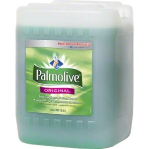 A 5-gallon pail of Palmolive Dishwashing Liquid with a green label and liquid inside.