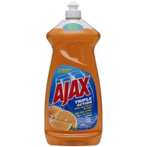 A 30 oz bottle of AJAX Liquid Manual Dish Soap features an orange scent and is designed to tackle grease while offering antibacterial protection.