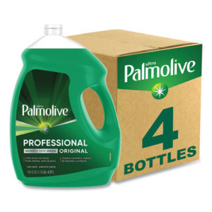 A large green bottle of Professional Dishwashing Liquid, Fresh Scent, 145 oz sits next to a brown cardboard box labeled "4/carton.