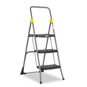 Commercial 3-Step Folding Stool, 300lb Capacity, measuring 20 1/2 inches wide by 32 5/8 inches deep by 52 1/8 inches high, with a gray frame and black steps, featuring a yellow safety lock at the top.