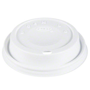 A 12oz CAPPUCCINO DOME SIPPERLID in white plastic, featuring a small drinking hole and various embossed markings, available in a case of 1000 pieces and designed to fit model 12J12.