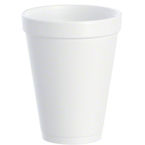 A 12oz STYROFOAM DRINKING CUP with a smooth surface and a slightly flared rim, standing on a white background, available in quantities of 1000 per case.