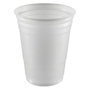 A 16oz CLEAR PLASTIC COLD CUP from a case of 1,000 stands upright on a plain background.