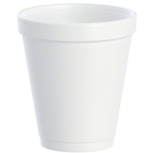 An 8oz Styrofoam cup from a case of 1000 is centered on a white background. The cup features a smooth surface and a slightly tapered shape.