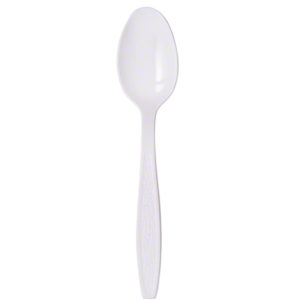 A plain white heavy-weight plastic spoon with a smooth, textured handle, featured against a white background.