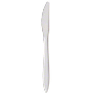 Plastic knife with a serrated edge, part of the PLASTIC KNIVES MEDIUM WEIGHT series in white, available in cases of 1000.